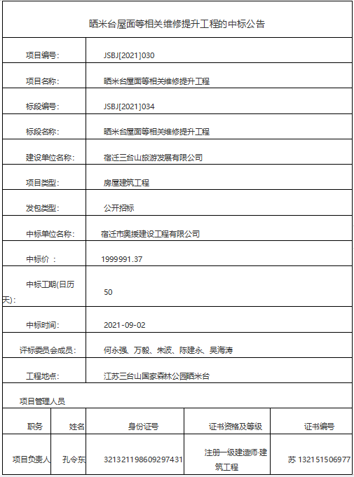 曬米臺屋面等相關維修提升工程的中標公告(圖1)